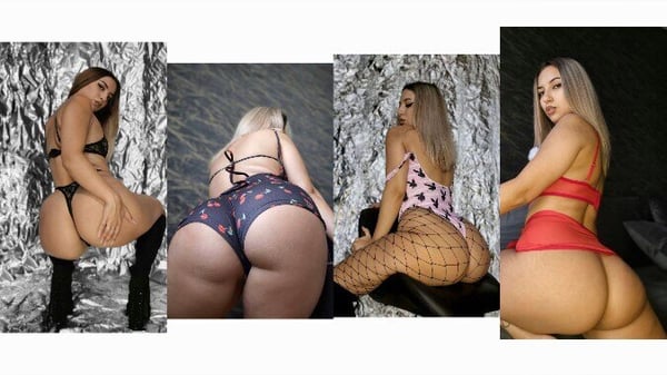 A woman posing in various lingerie outfits against metallic and scenic backgrounds, highlighting her figure.