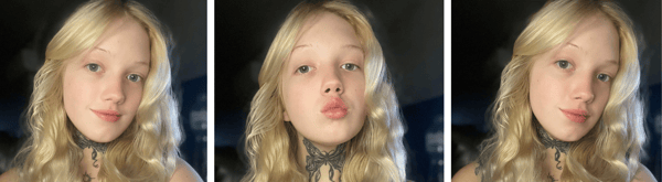 Three close-up selfies of a young woman with long blonde wavy hair, choker necklace, and subtle tattoos on her neck, smiling softly in indoor lighting.