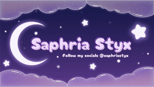 Animated purple banner featuring the display name 'Saphriaria Styx' with crescent moons, stars, and clouds, along with a social media handle.