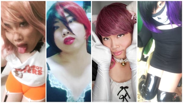 Collage of a person in colorful cosplay outfits and wigs, posing playfully in various themed costumes.