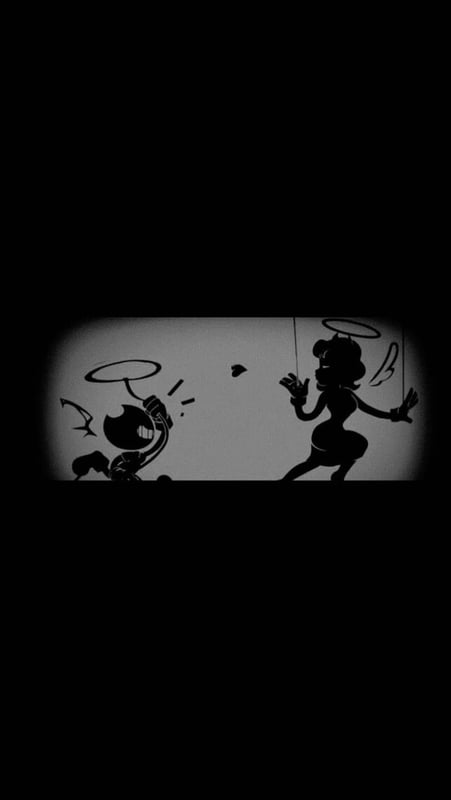 Silhouette illustration of cartoonish characters, one resembling a mischievous figure and the other a curvy female form in a playful pose.