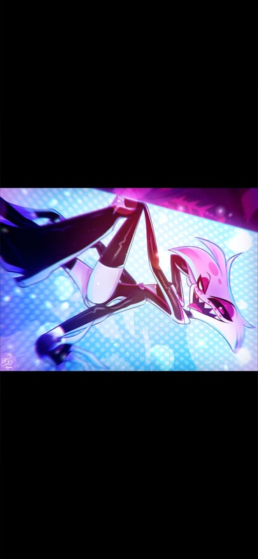 Animated character in a dynamic pose with black and white outfit against a vibrant blue and purple background.