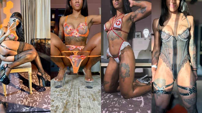 A woman posing in colorful lingerie outfits in various indoor settings, flexing and sitting confidently.