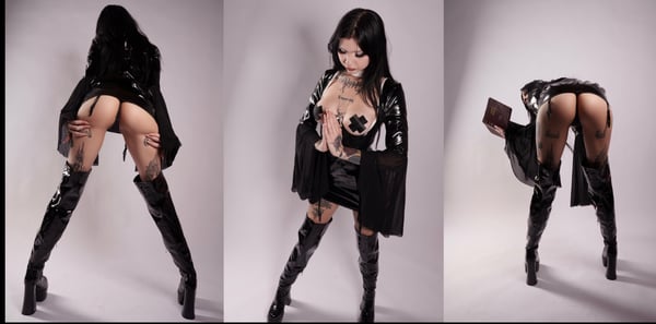 A woman in black latex attire and high boots posing confidently in multiple angles against a plain background.