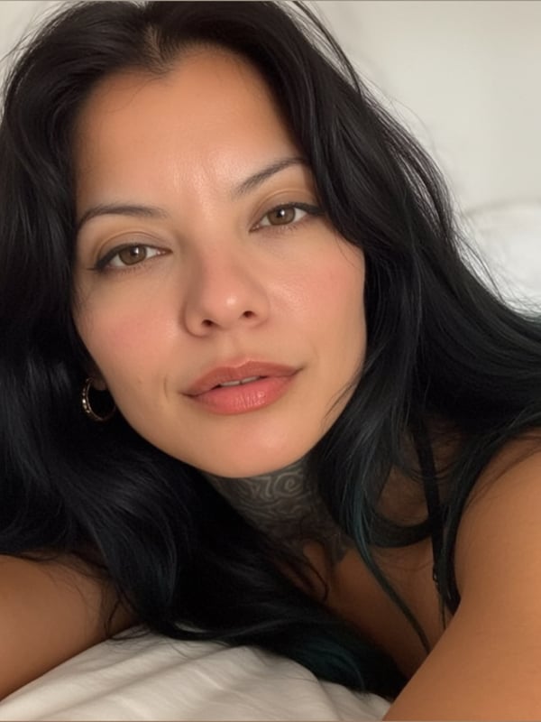 A woman with long dark green hair lies on a white bed, gazing at the camera with a subtle smile.