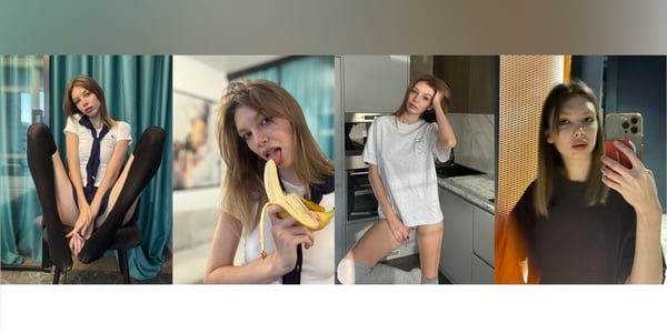 A young woman with blonde hair posing in various casual outfits and settings, including sitting on a chair, holding a banana, and standing in a kitchen.