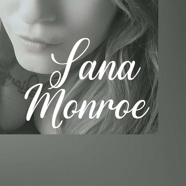 Close-up portrait of a woman with long wavy hair and stylish text overlay of her name against a dark gradient background.