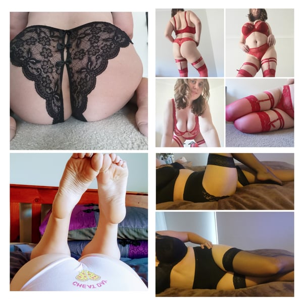 A woman posing in various lingerie outfits, highlighting her figure with stockings and garters in multiple shots on a bed and floor.