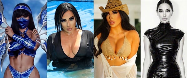 Collage of a woman posing confidently in various stylish outfits and accessories, including swimwear and hats, against different backgrounds.
