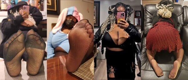 A woman posing in various indoor settings wearing casual tops, jackets, and nylons, taking selfies and showing her feet.