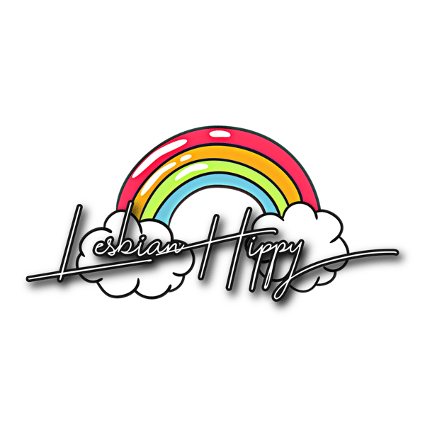 Colorful graphic design featuring the text 'Lesbian Hippy' with a rainbow arch and clouds on a black background.