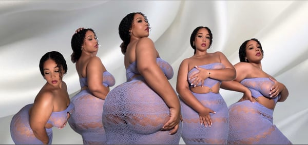 Multiple images of a woman in lacy purple lingerie posing confidently from various angles against a white draped background.