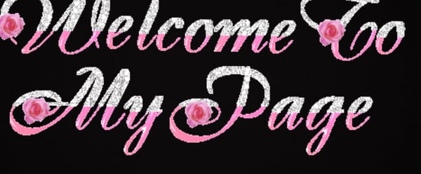Decorative welcome text in pink cursive font with rose accents on a black background.