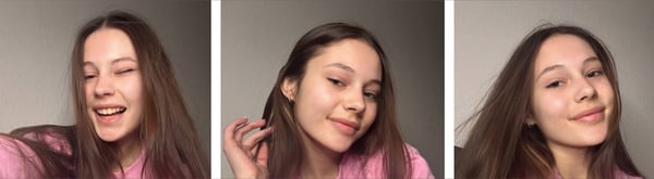 Three close-up selfies of a young woman with long brown hair smiling and posing playfully in a pink top against a plain background.
