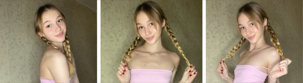Young woman with blonde pigtails smiling playfully in a pink tube top, posing against a plain indoor background in a triptych photo.