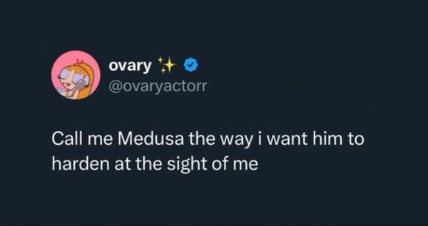 Social media post featuring a profile picture of a person with sunglasses and a playful caption about Medusa on a dark background.