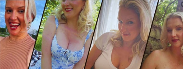 A blonde woman smiling in various casual outfits, posing outdoors and indoors with scenic backgrounds.
