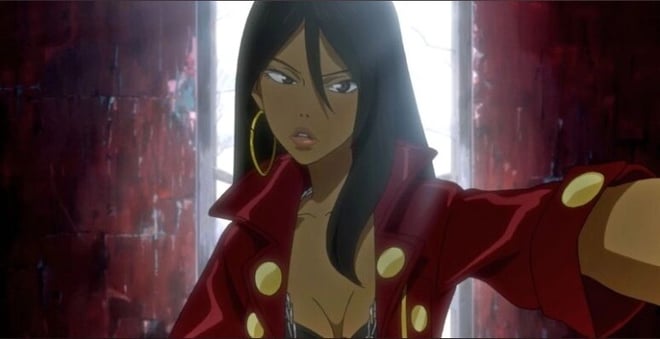 Anime-style illustration of a fierce female character with long black hair, wearing a red jacket with gold buttons, posing dynamically in a dramatic red-lit room.