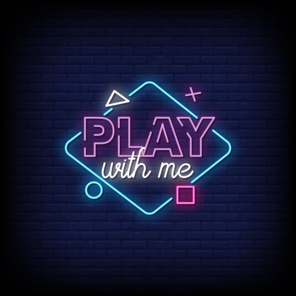 Neon sign with 'Play with me' text in purple and white against a dark blue background with geometric shapes.