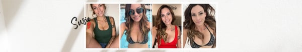 Collage of a woman smiling in colorful tops and swimsuits, posing confidently in various settings.