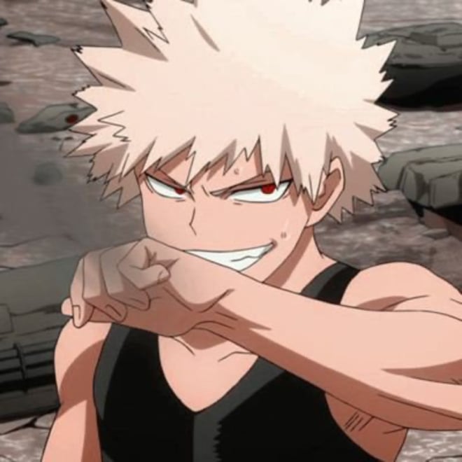 Anime character with spiky blonde hair posing dynamically in a rocky outdoor setting.