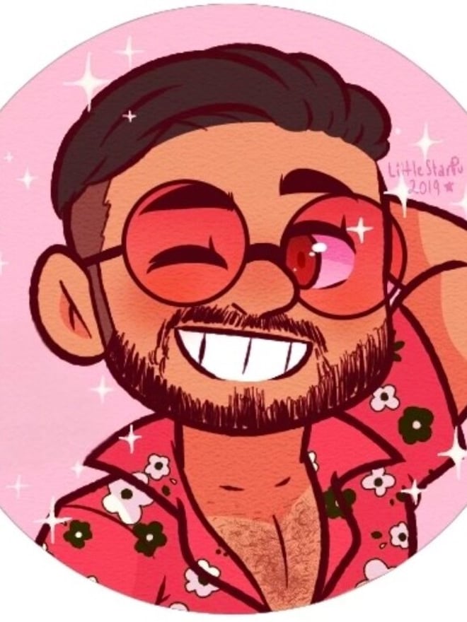 Cartoon illustration of a smiling young man with dark hair, glasses, and a floral shirt on a pink background.