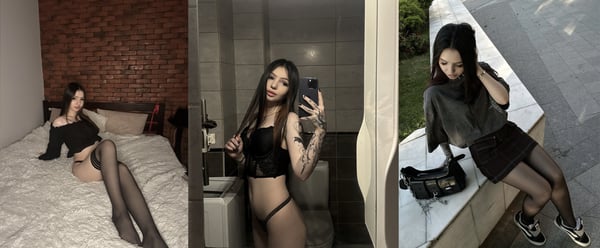 Young woman posing in lingerie on a bed, in a bathroom mirror selfie, and outdoors in casual attire with a bag.