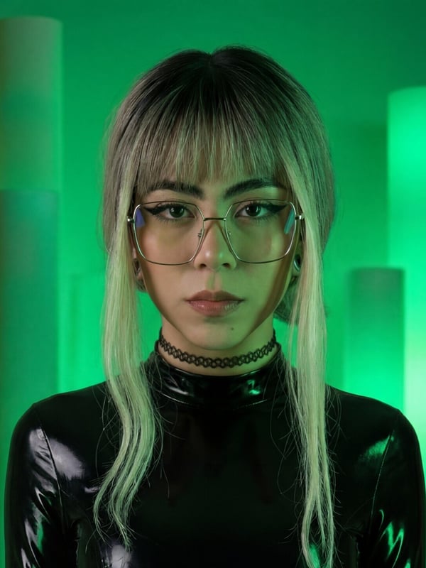 A woman with blonde hair, glasses, and a choker posing confidently in a shiny black top with green lighting and cylindrical props in the background.