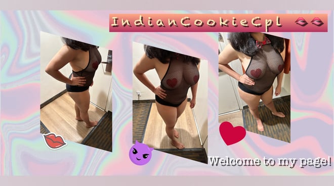 A woman posing in sheer lingerie in multiple angles indoors with colorful graphic overlays and welcome text.