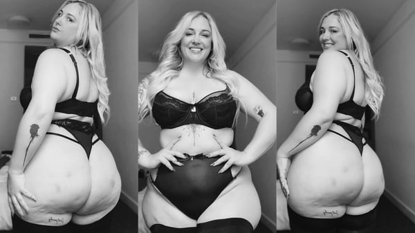 A woman with long blonde hair posing confidently in black lingerie in three different angles inside a room.