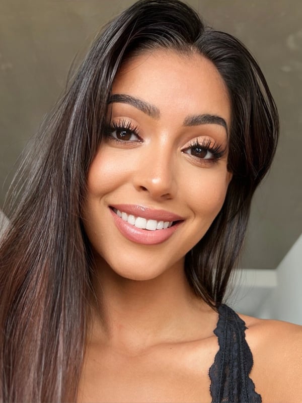 A smiling woman with long dark hair and subtle makeup poses in a casual indoor setting with wooden accents.