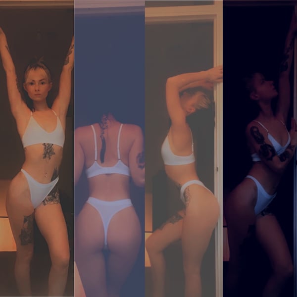 A woman posing in white swimwear in various angles near a door with natural lighting.