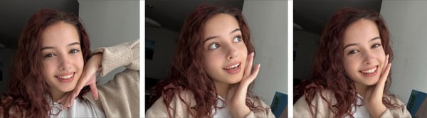Young woman with wavy red hair smiling playfully in three close-up selfies, wearing a light-colored top and posing with hand gestures indoors.