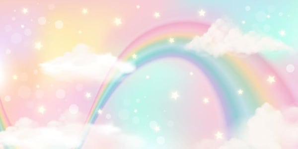 Vibrant pastel background featuring a colorful rainbow arching over fluffy clouds with sparkling stars and soft gradients in pink, blue, and yellow.