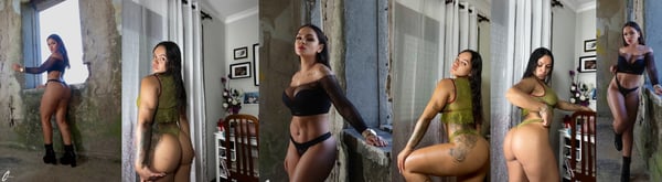 A woman posing confidently in various indoor settings with rustic architecture and furniture.