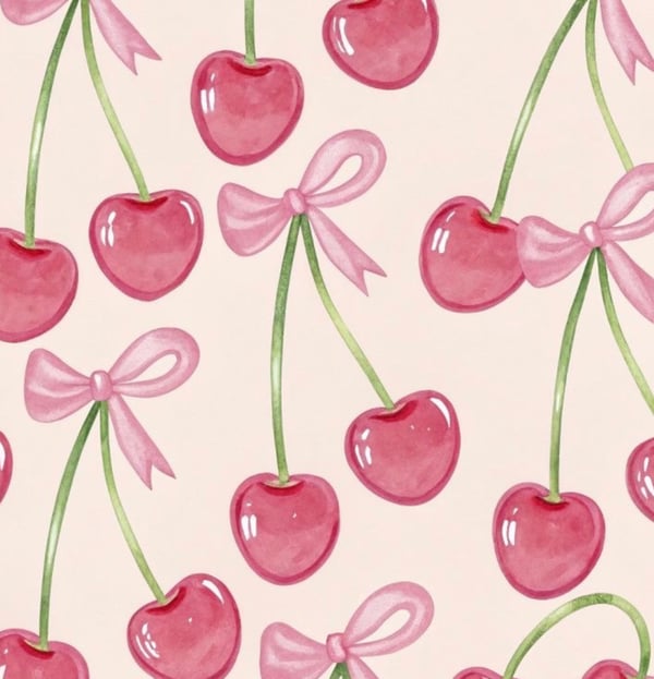 Watercolor illustration of pink ribbons tied around clusters of red cherries on a light pink background.