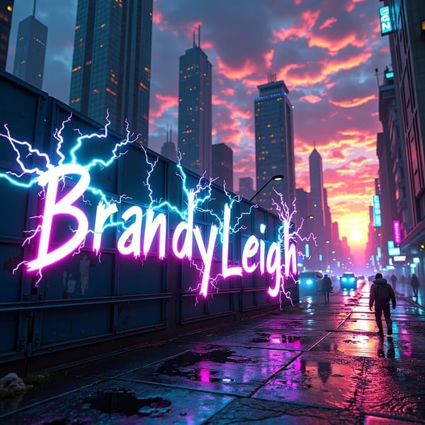 Vibrant cyberpunk cityscape at sunset with neon lights, lightning effects, and the name 'Brandy Leigh' illuminated on a large glowing sign.