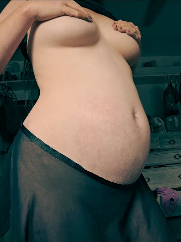A pregnant woman standing topless in a room, hands near her chest, wearing a sheer skirt, with household items in the background.