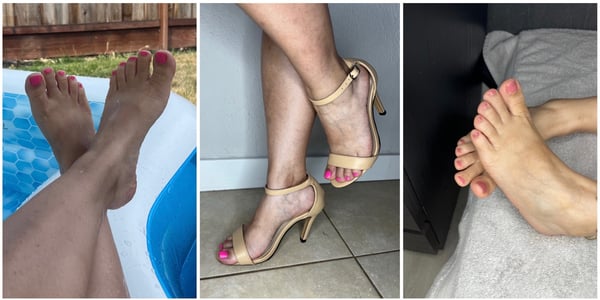 Close-up images of feet in various settings, including by a pool, wearing high heels, and on a bed.