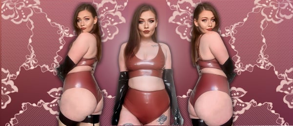 A woman posing confidently in shiny red outfits from multiple angles against a ornate pink patterned background.