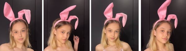 Young woman with blonde hair wearing pink bunny ears, posing with different expressions against a dark background.