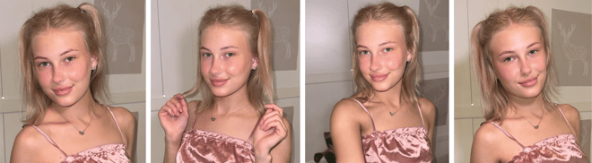 A young woman with blonde hair in pigtails wearing a pink satin top, posing in a series of four close-up portraits.