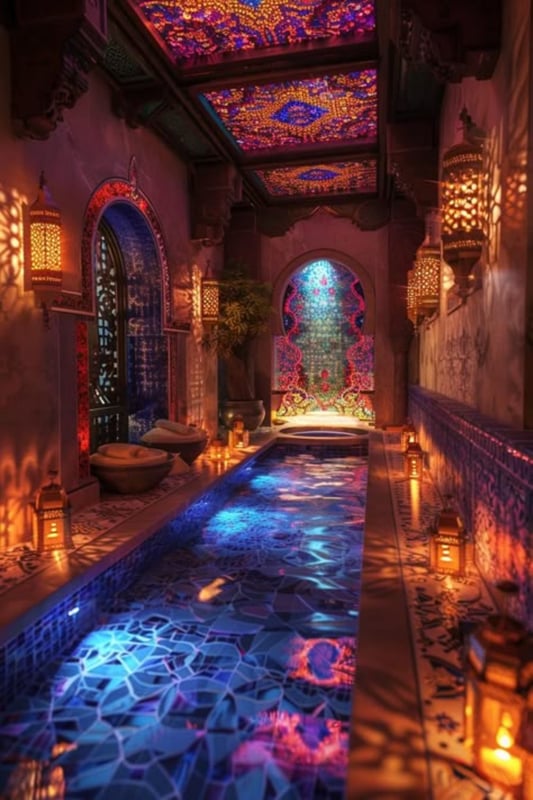 Ornate indoor architectural scene featuring a vibrant purple and blue mosaic ceiling, arched doorways, lanterns, plants, and a glowing blue pool.