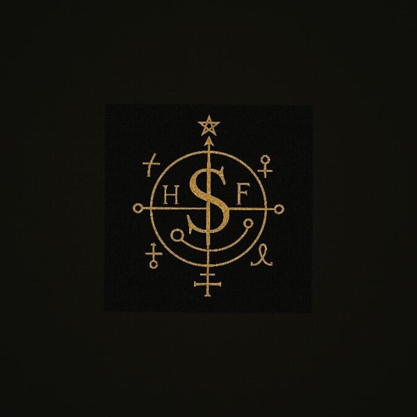 A symmetrical occult symbol featuring golden astrological and alchemical glyphs on a black background.