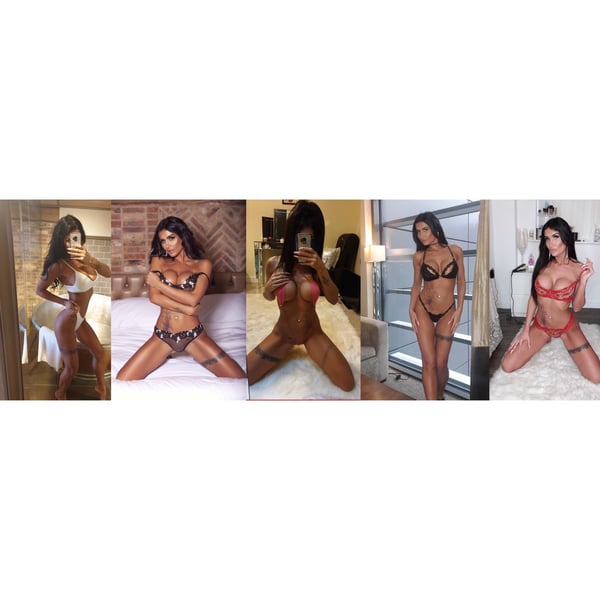 A series of selfies showing a woman posing confidently in lingerie and swimwear in various indoor settings with brick walls, beds, and windows.