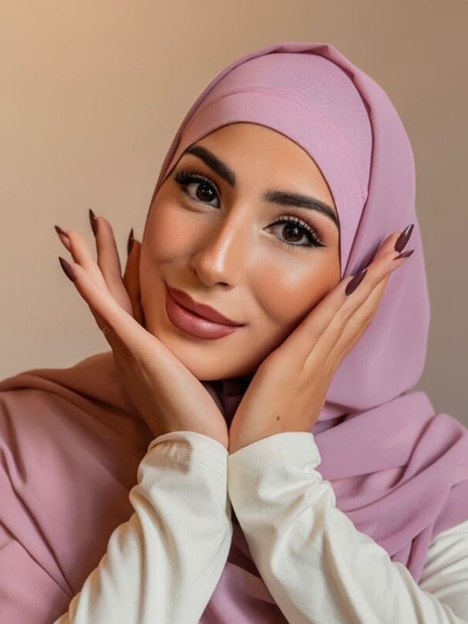 A woman in a pink headscarf poses with her hands framing her face against a neutral background.