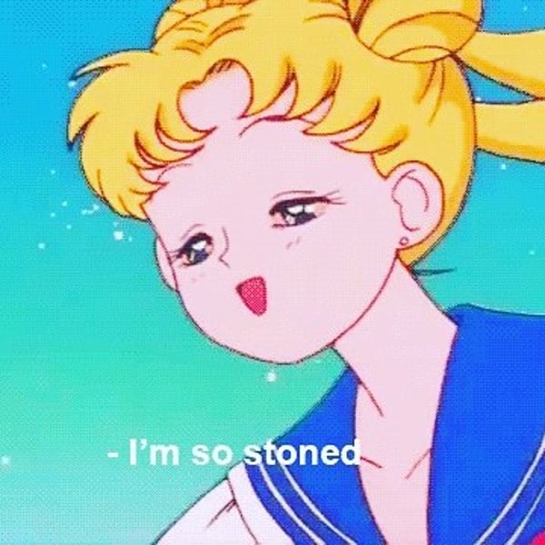 Anime-style illustration of a blonde girl with twin tails in a blue sailor outfit, smiling with a playful expression and speech bubble saying 'I'm so stoned'.