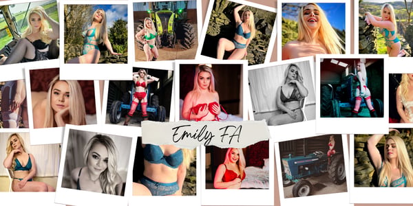 Collage of a blonde woman posing in swimsuits and casual outfits near tractors and rural settings with her name overlaid.