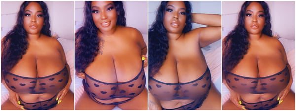 A woman with a curvy figure posing confidently in multiple angles, wearing sheer black lingerie, smiling at the camera.