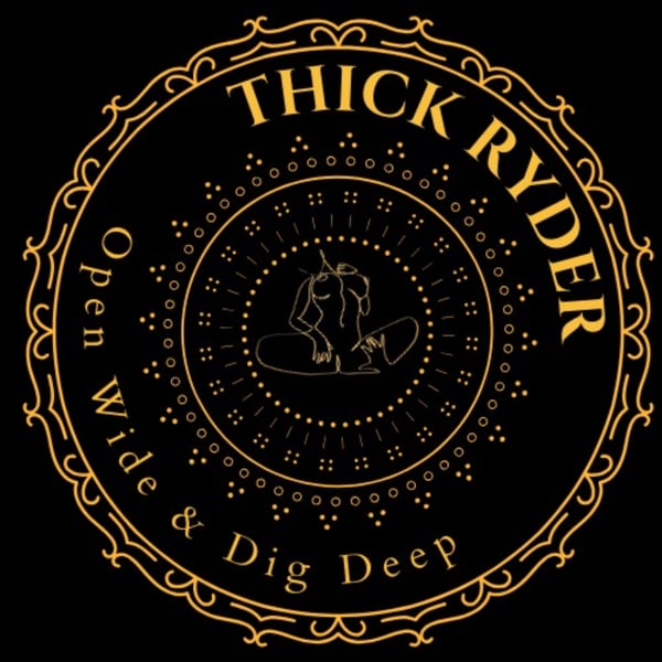 Ornate circular graphic design featuring stylized text 'THICC RYDERR OPEN WIDE & DIG DEEP' with a silhouette figure on a surfboard.